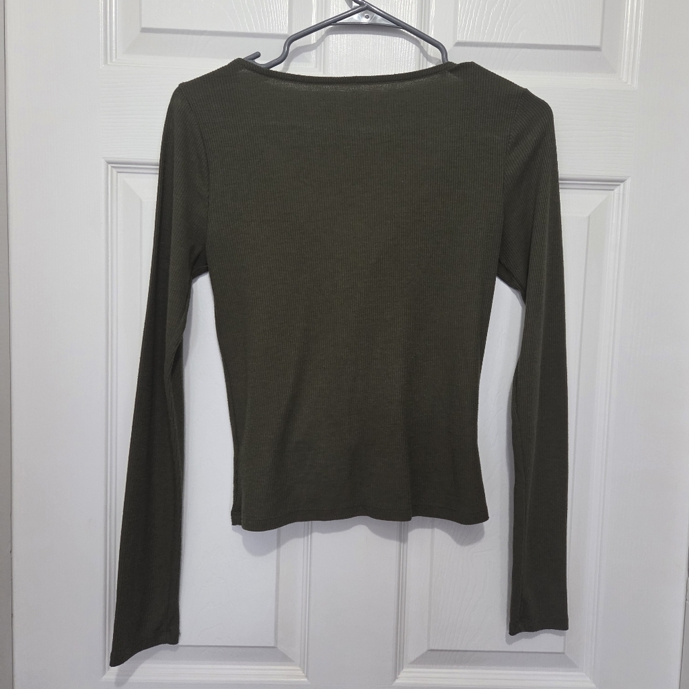 AERO Seriously Soft Ribbed V neck Lace-up Cropped Olive Y2k Top Size Medium - Picture 2 of 6